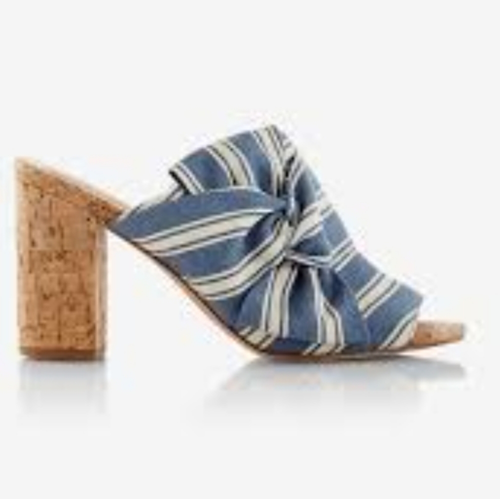 Express Denim Blue and White Stripe Cork 3" Heels 6